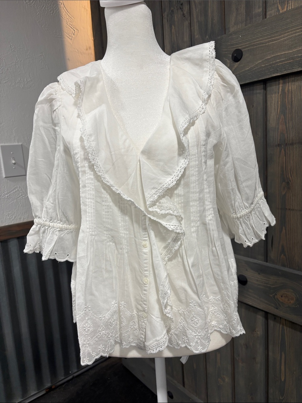 Madewell White Ruffle-Trim Lace Peasant Blouse - Women